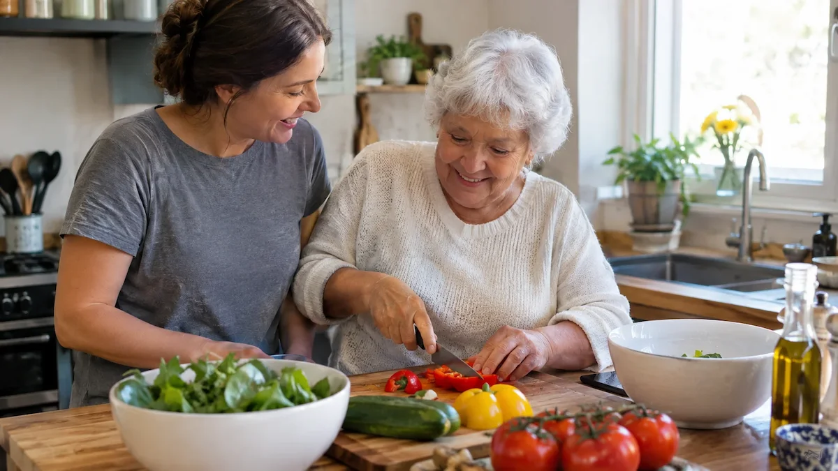 Caregiver and senior preparing a meal together during personal care assistance