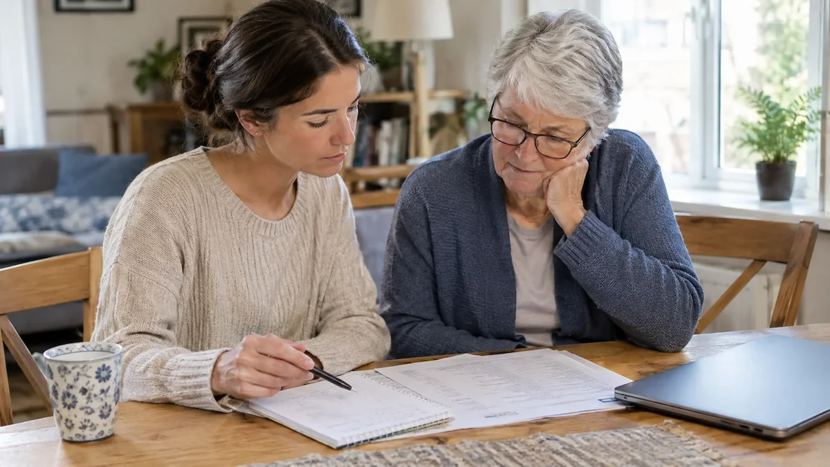 Family reviewing personal care assistance costs and payment options