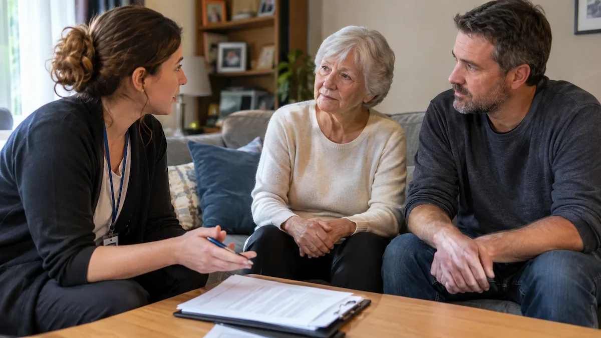 Family discussing personal care assistance options with a care coordinator