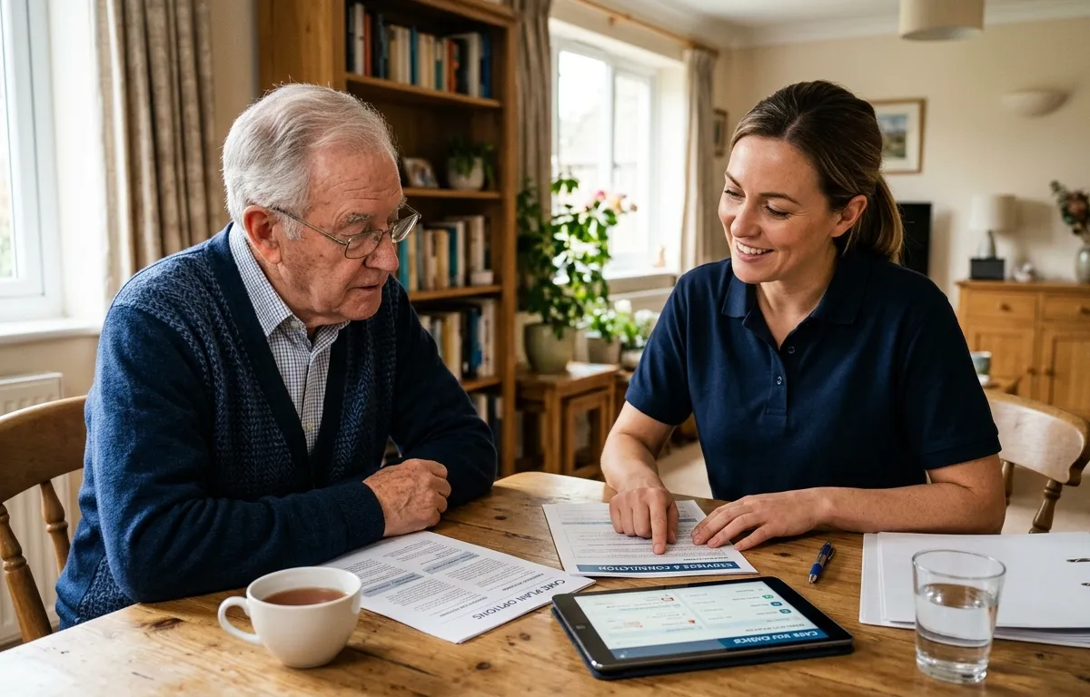 Caregiver and elderly man reviewing care options together at home