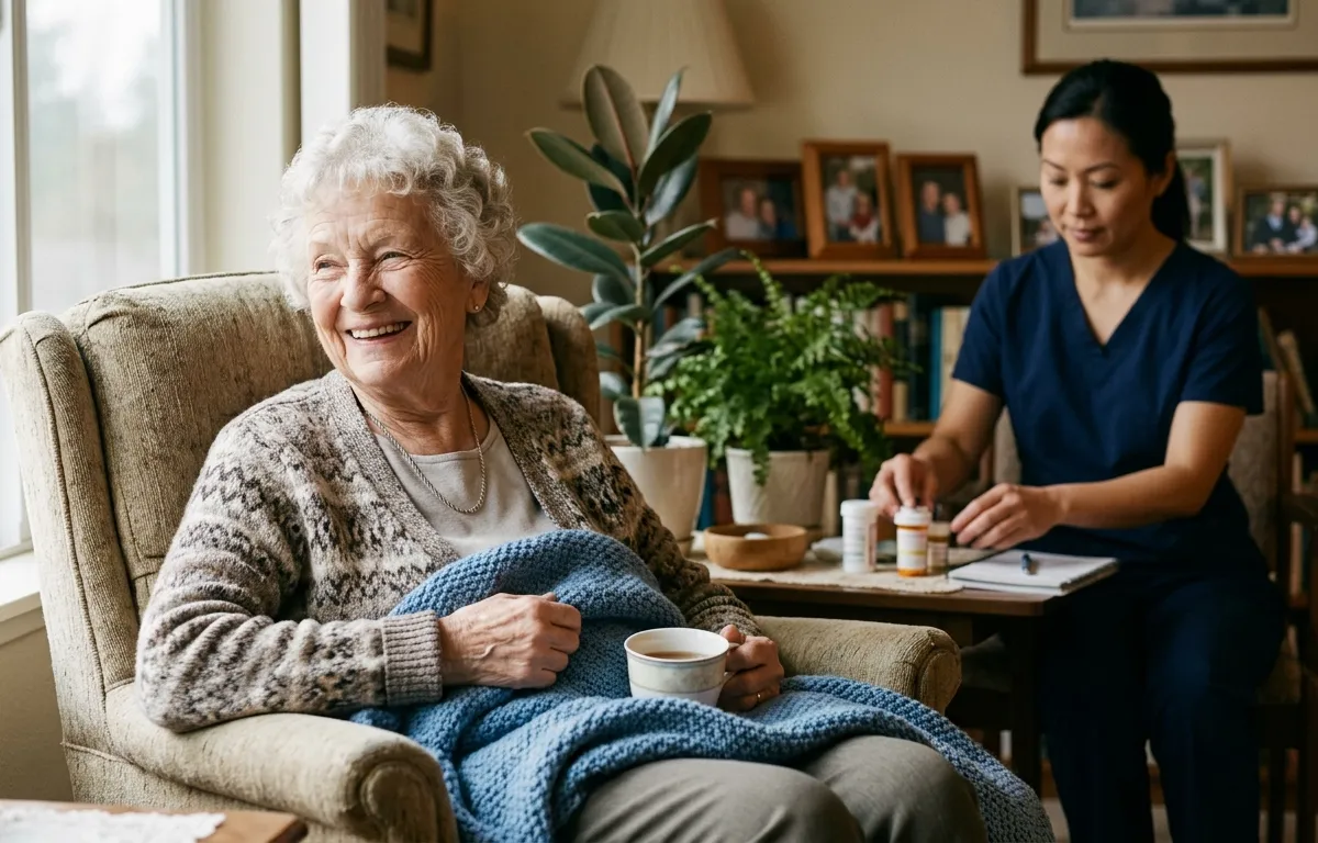 Elderly woman smiling at home with caregiver providing respectful support