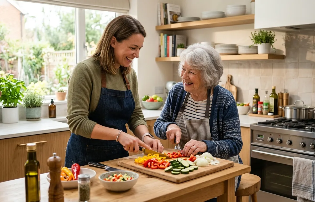 Caregiver and elderly woman preparing a meal together in the kitchen